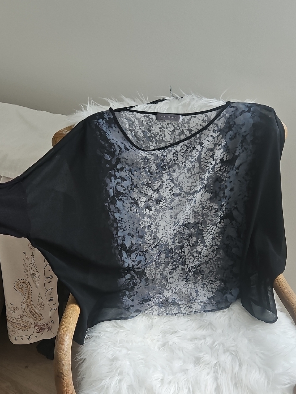 Lightweight Black And Floral Sheer Blouse with Black Cotton Sleevs